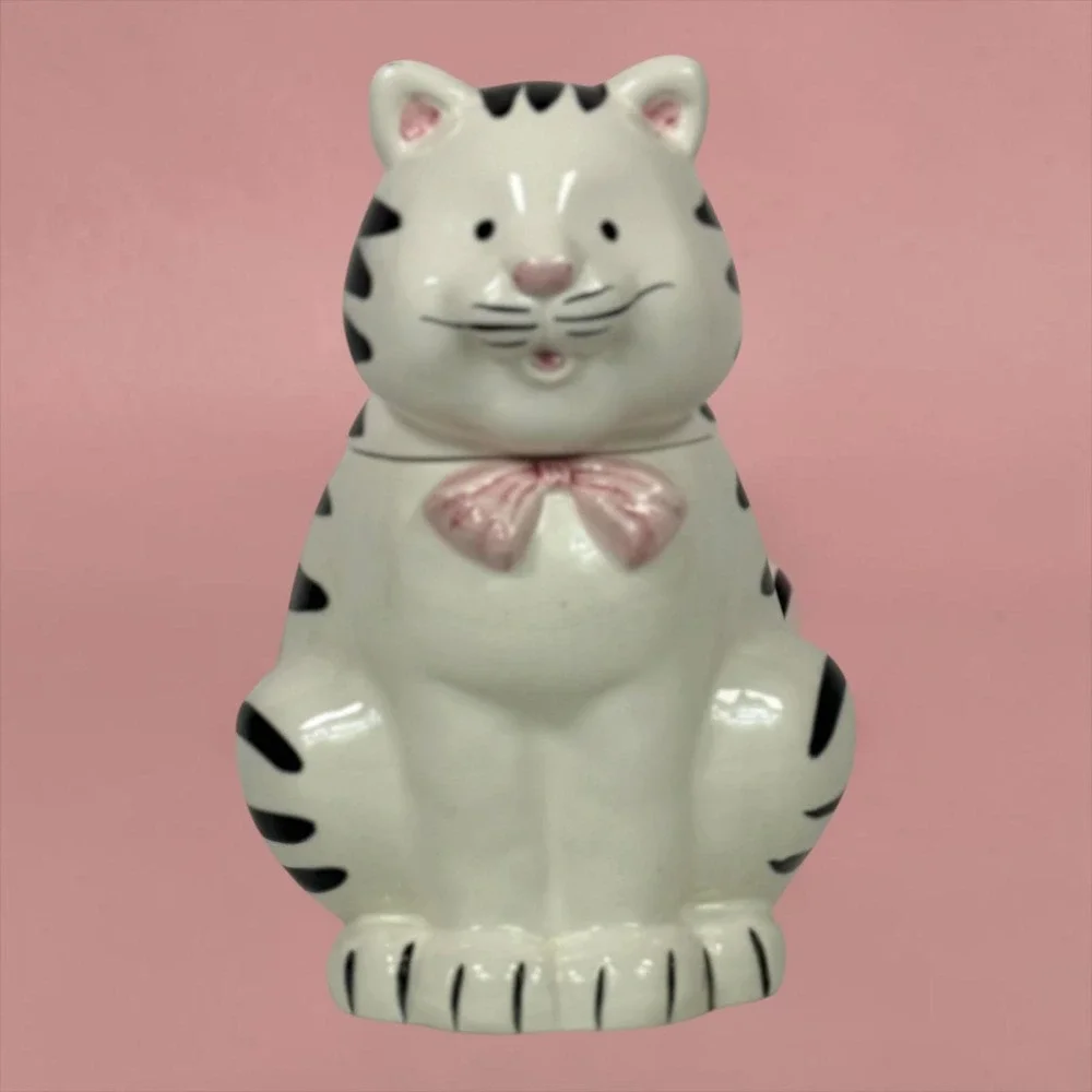 Vintage R. H. Macy & Co Black White Striped Cat Cookie Jar Pink Bow Ceramic